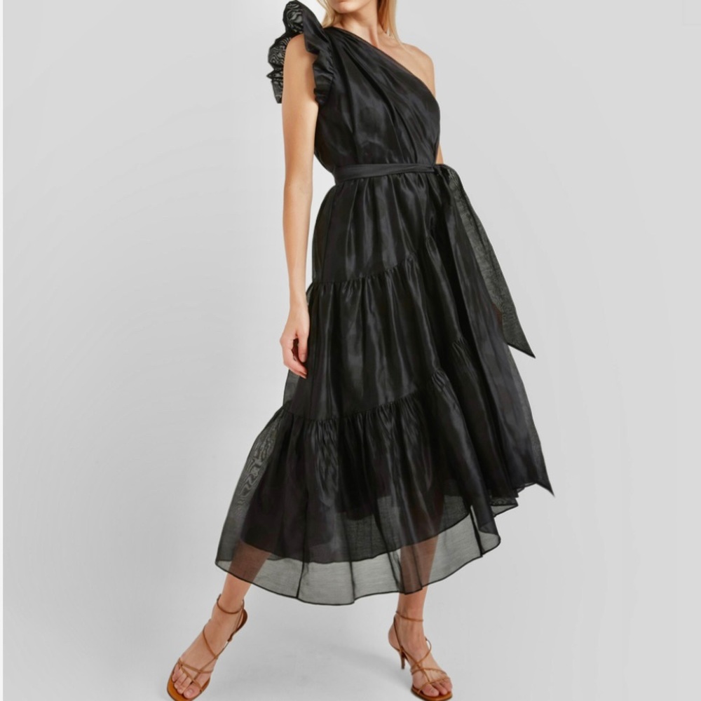 Ulla Johnson One-Shoulder Black Tiered Midi Dress